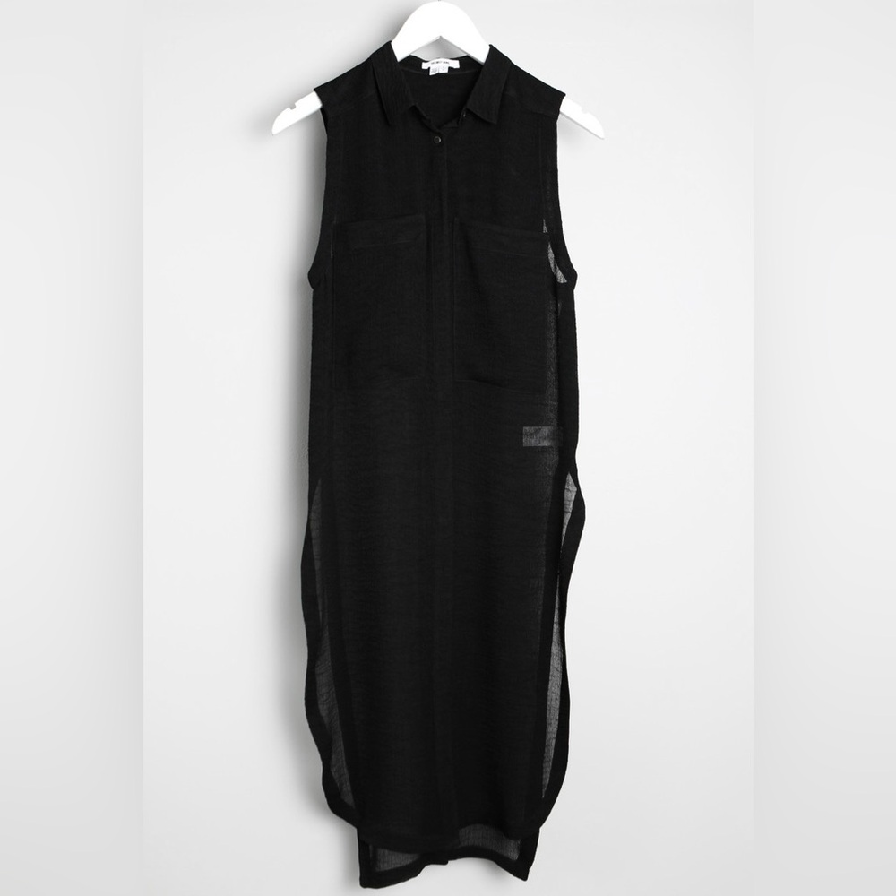 EUC HELMUT LANG BLACK SLEEVELESS COLLARED SHEER LONG TOP WITH SIDE SLITS